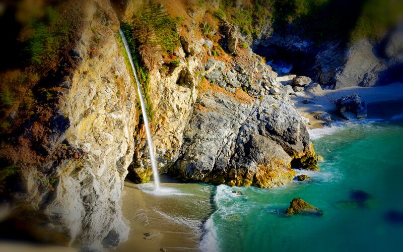 Waterfall into Ocean — Blue