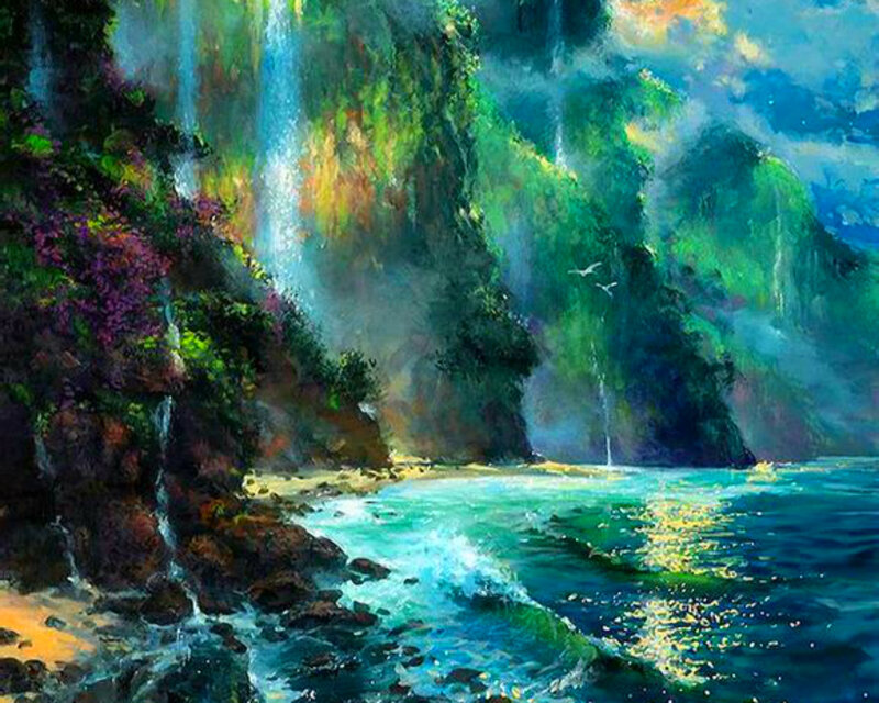 Waterfall into Ocean — Green