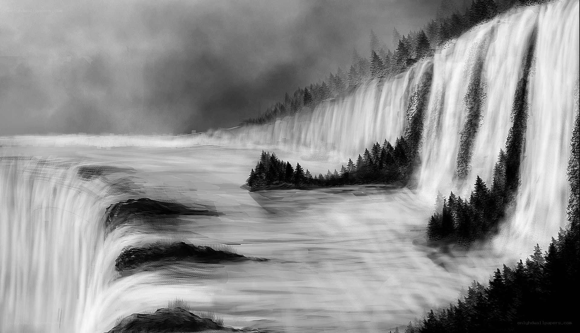 Waterfall landscape in monochrome