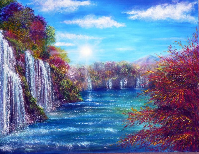 Waterfall Landscape Painting — Blue