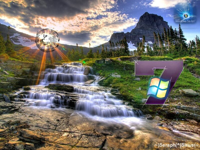 Waterfall landscape with Windows 7 logo