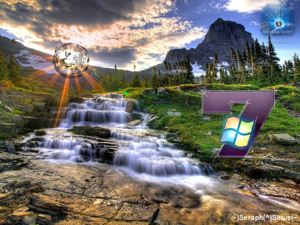 Waterfall landscape with Windows 7 logo