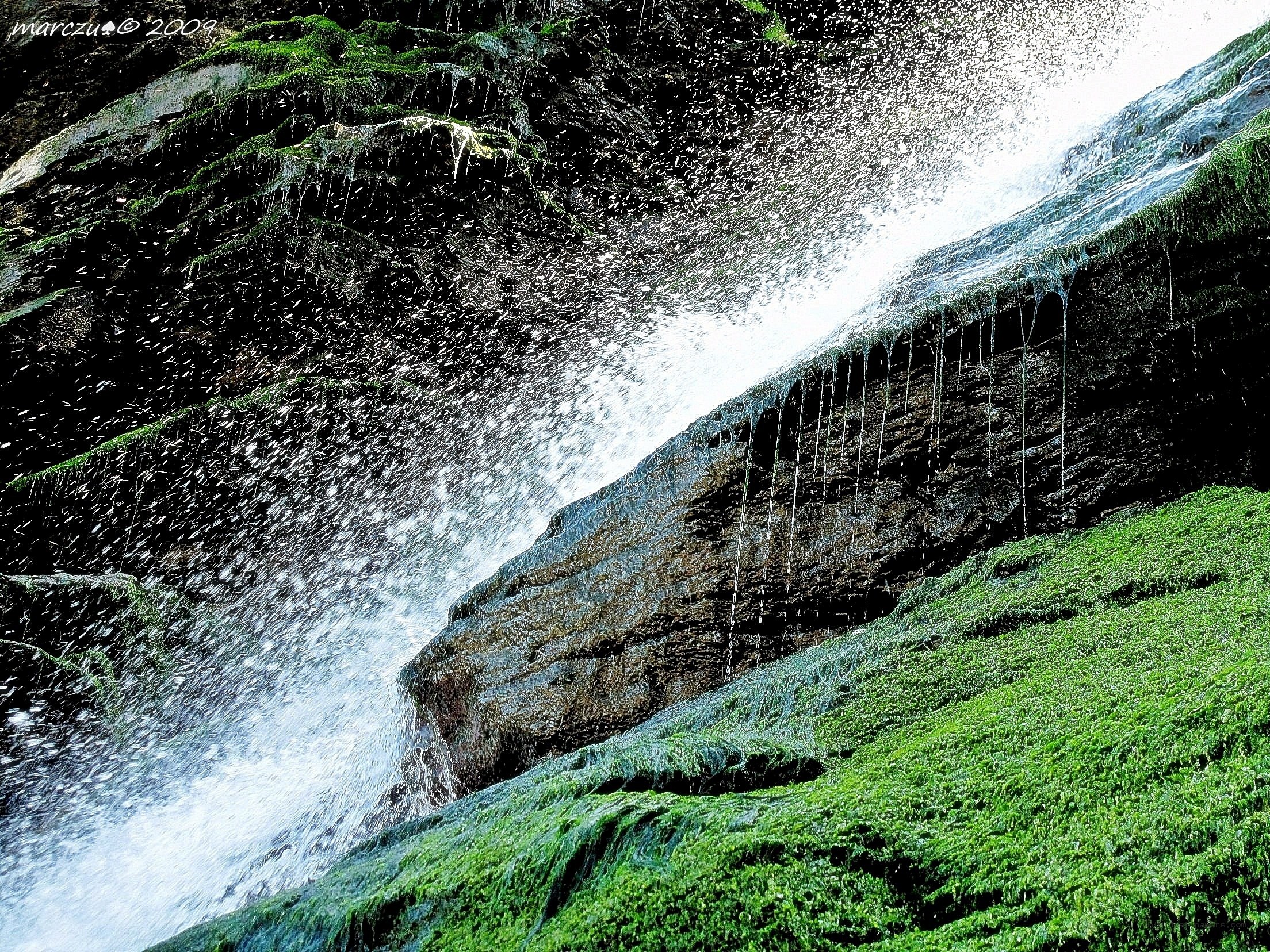 Waterfall on a mossy cliff