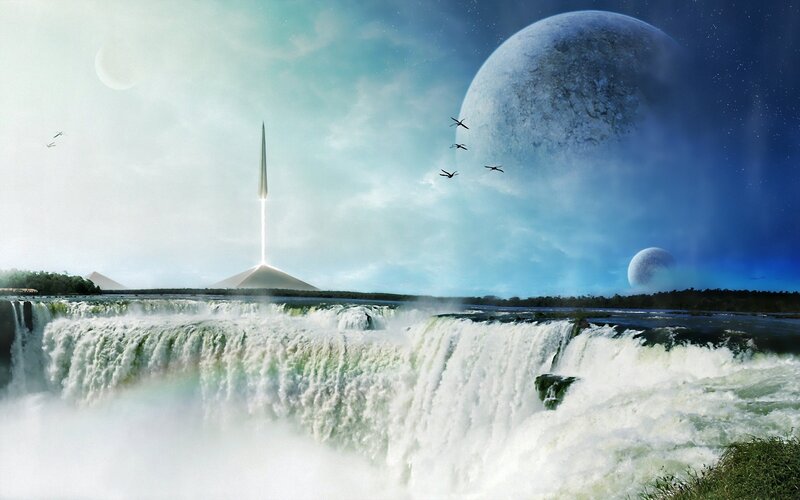 Waterfall on Alien Planet — Blue, Dramatic, Night