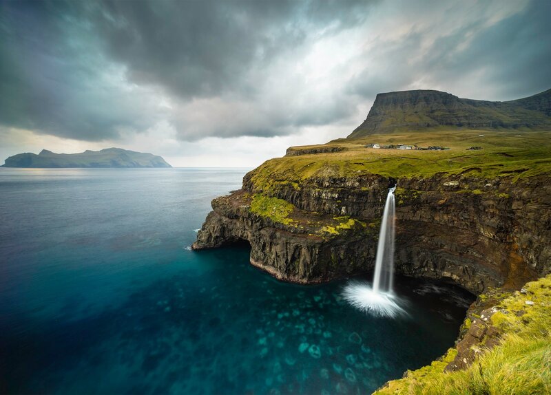 Waterfall on Cliff — Blue, Dramatic, Photograph