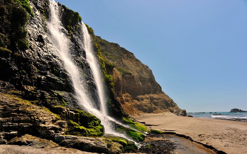 Waterfall on Cliff — Blue, Serene, Afternoon, Photograph