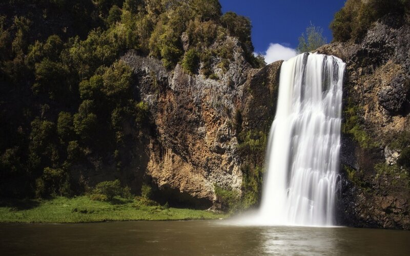 Waterfall on Cliff — Blue, Serene, Afternoon