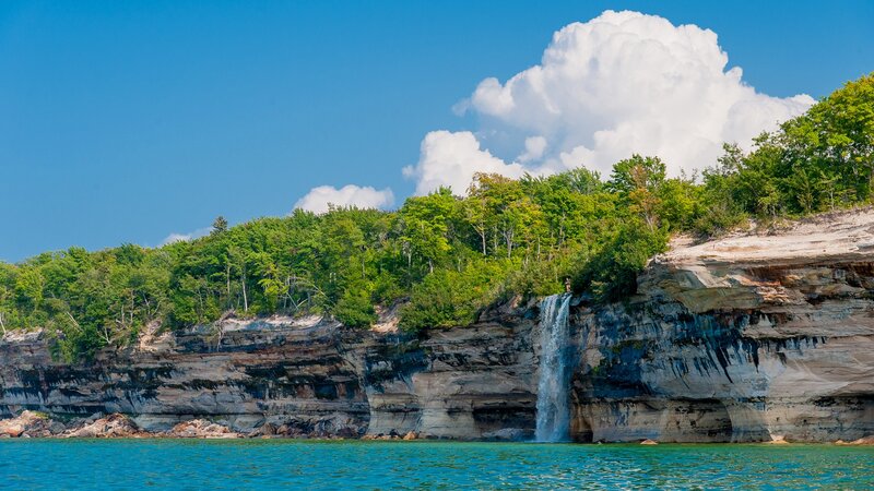 Waterfall on Cliff — Blue, Serene, Summer