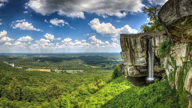 Waterfall on Cliff Edge — Green, Dramatic, Afternoon, Photograph, Forest, Sky