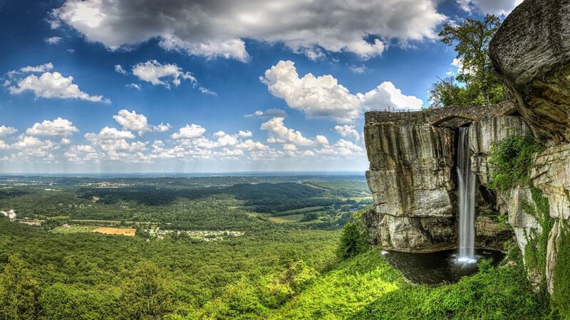 Waterfall on Cliff Edge — Green, Dramatic, Afternoon, Photograph, Forest