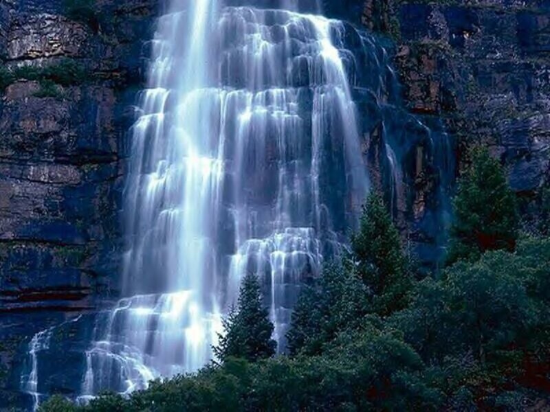 Waterfall on Cliff Face — Blue, Serene, Night