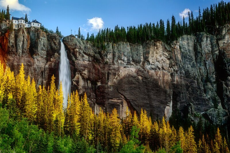 Waterfall on Cliff Face — Green, Dramatic, Afternoon, Photograph, Forest