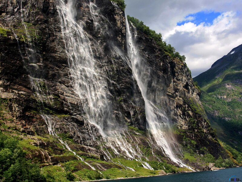Waterfall on Cliff Face — Green, Dramatic, Afternoon, Photograph, Mountain