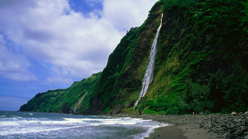 Waterfall on Cliff Face — Green, Dramatic, Afternoon, Photograph