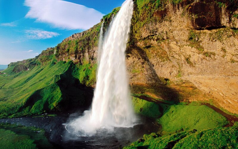 Waterfall on Green Cliff — Dramatic, Afternoon, Photograph, River, Sky