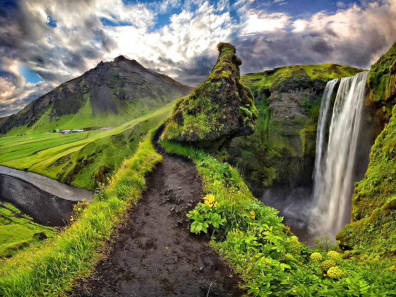 Waterfall on Green Cliff — Dramatic, Afternoon, Photograph