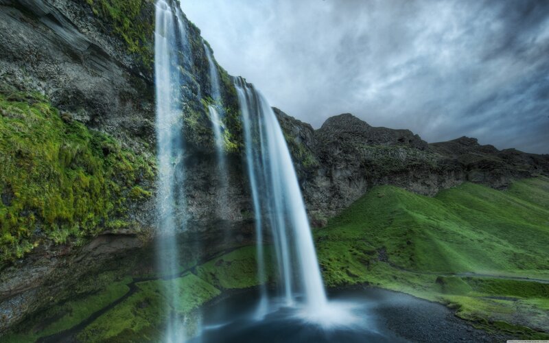 Waterfall on Green Cliff — Dramatic, Photograph, River