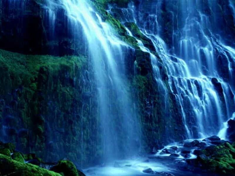 Waterfall on Mossy Cliff — Blue, Serene