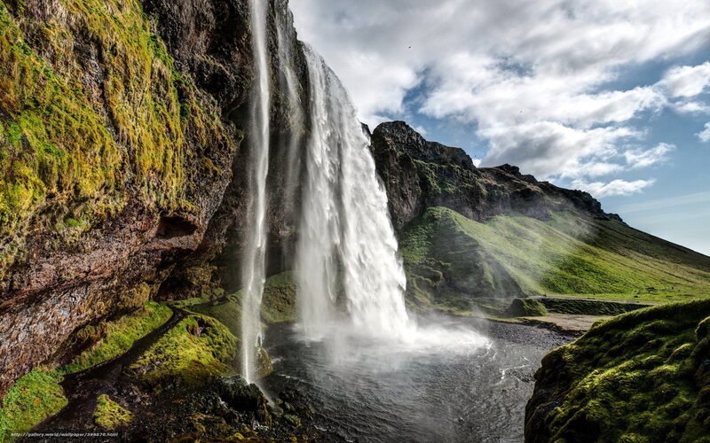 Waterfall on Mossy Cliff — Green, Dramatic, Afternoon, Photograph