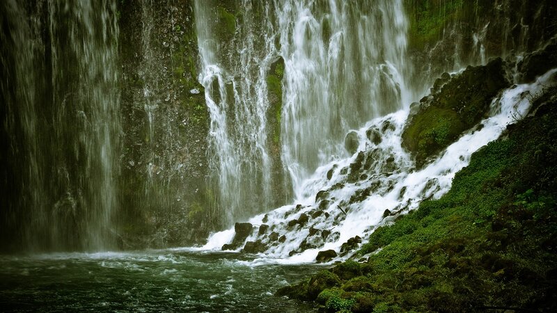 Waterfall on Mossy Cliff — Green, Dramatic, Photograph, River