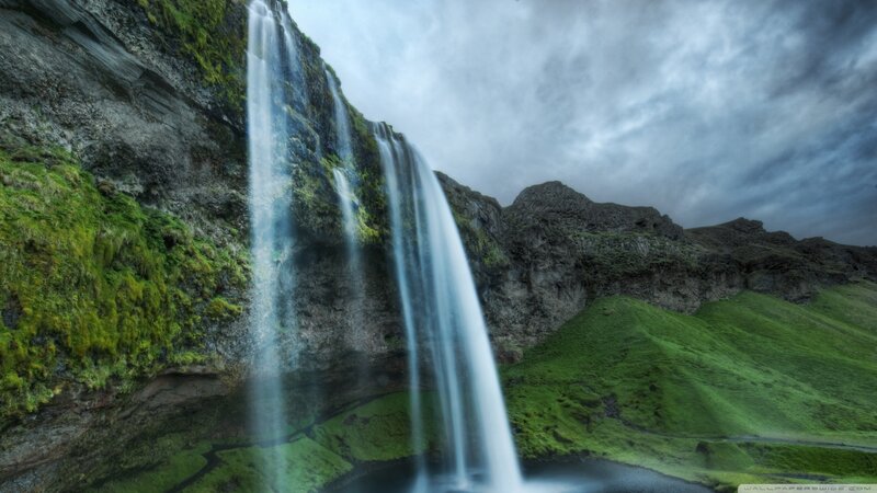 Waterfall on Mossy Cliff — Green, Dramatic, Photograph