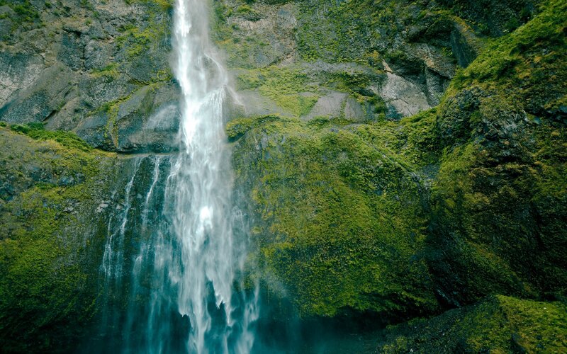 Waterfall on Mossy Cliff — Green, Natural, Photograph, Moss, Rock, Water, Blue