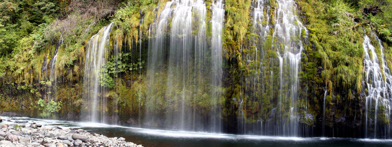 Waterfall on Mossy Cliff — Green, Serene, Photograph, River