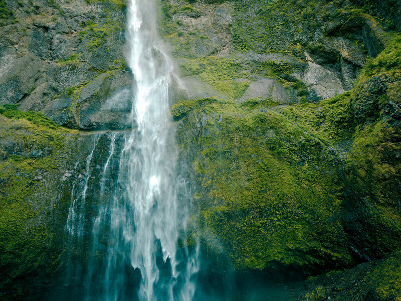 Waterfall on Mossy Cliff — Green, Serene, Photograph