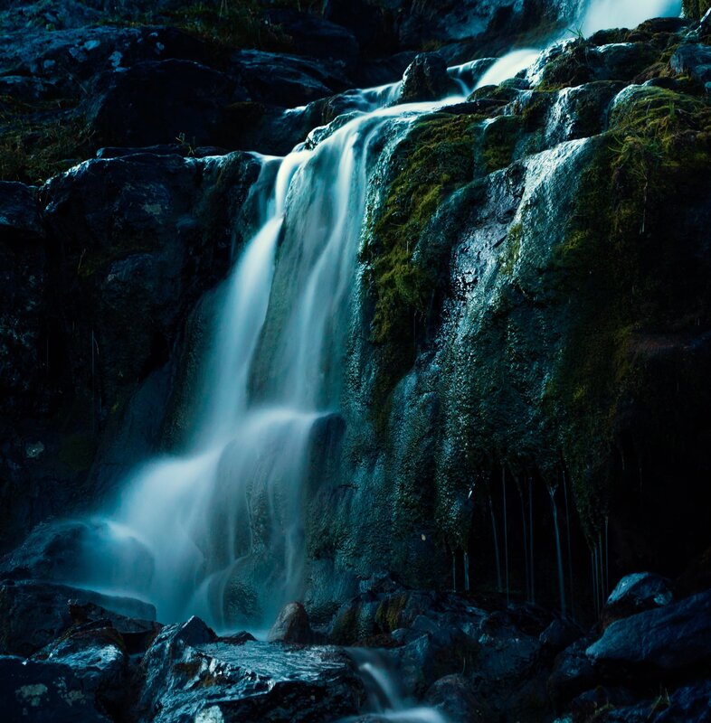 Waterfall on Mossy Rocks — Blue, Dramatic