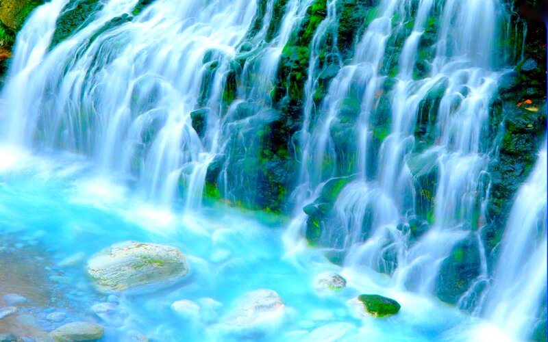Waterfall on Mossy Rocks — Blue, Serene, Photograph