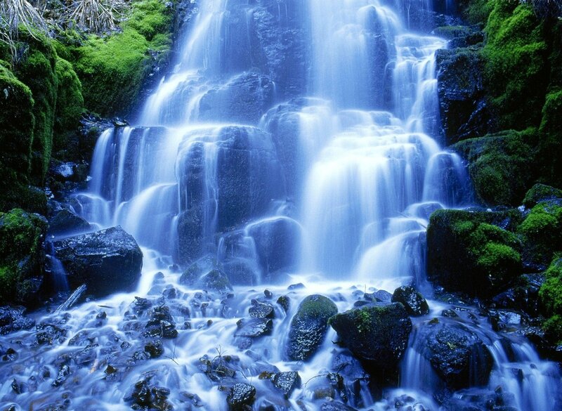 Waterfall on Mossy Rocks — Blue, Serene