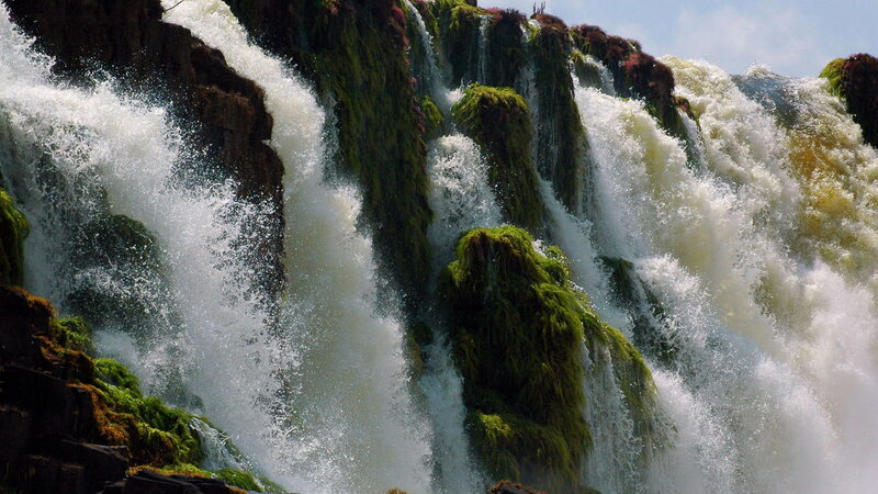 Waterfall on Mossy Rocks — Green, Dramatic, Afternoon