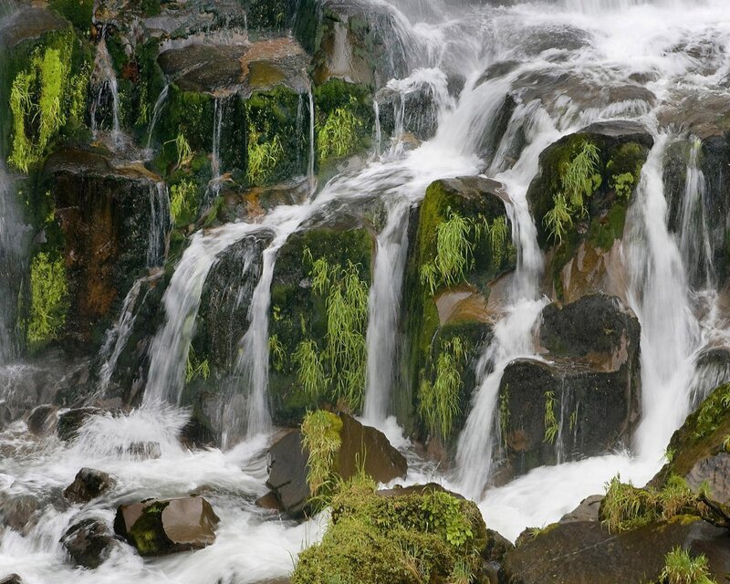 Waterfall on Mossy Rocks — Green, Dynamic, Photograph, Moss, Grass