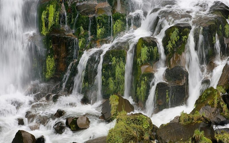 Waterfall on Mossy Rocks — Green, Dynamic, Photograph, Moss