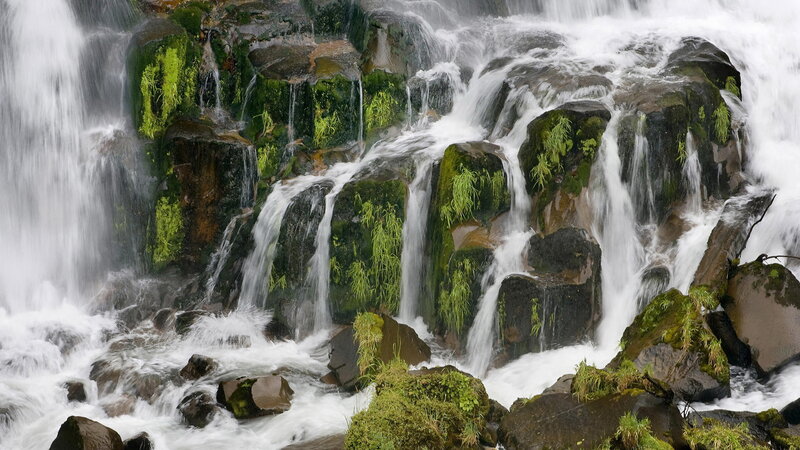 Waterfall on Mossy Rocks — Green, Dynamic, Photograph, Moss, Water