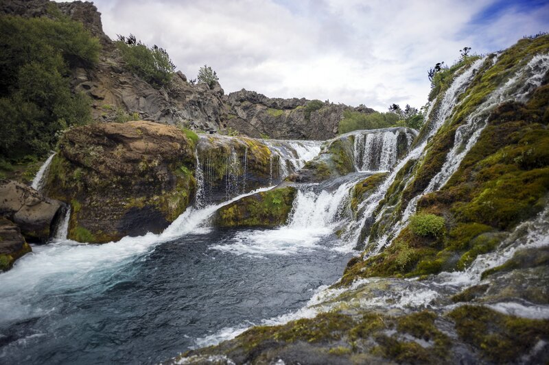Waterfall on Mossy Rocks — Green, Serene, Afternoon, Photograph, River