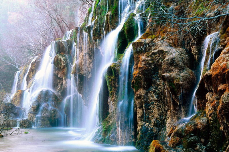 Waterfall on Mossy Rocks — Green, Serene, Autumn