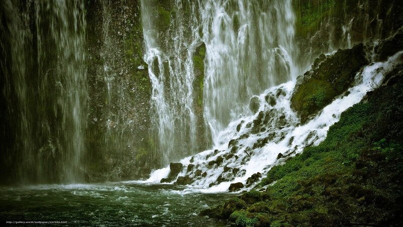 Waterfall on Mossy Rocks — Green, Serene, Photograph, Moss, Pool
