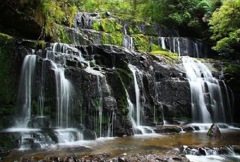 Waterfall on Mossy Rocks — Green, Serene, Photograph, Moss, Trees, Stream