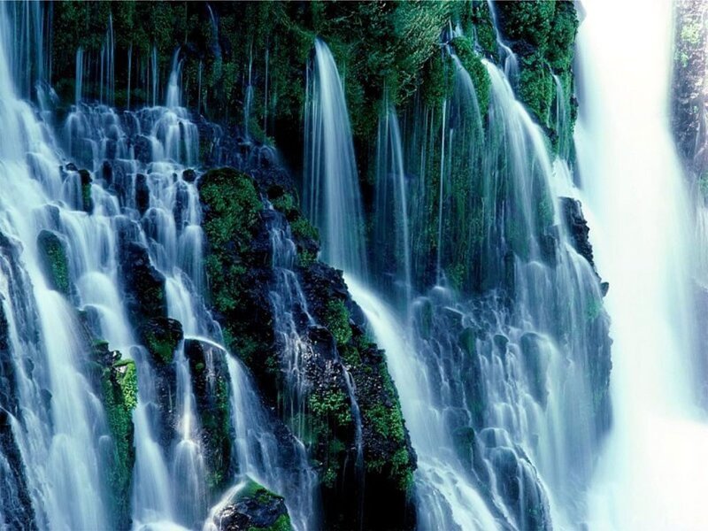 Waterfall on Mossy Rocks — Green, Serene, Photograph, Moss, Water, Blue