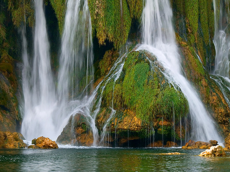 Waterfall on Mossy Rocks — Green, Serene, Photograph