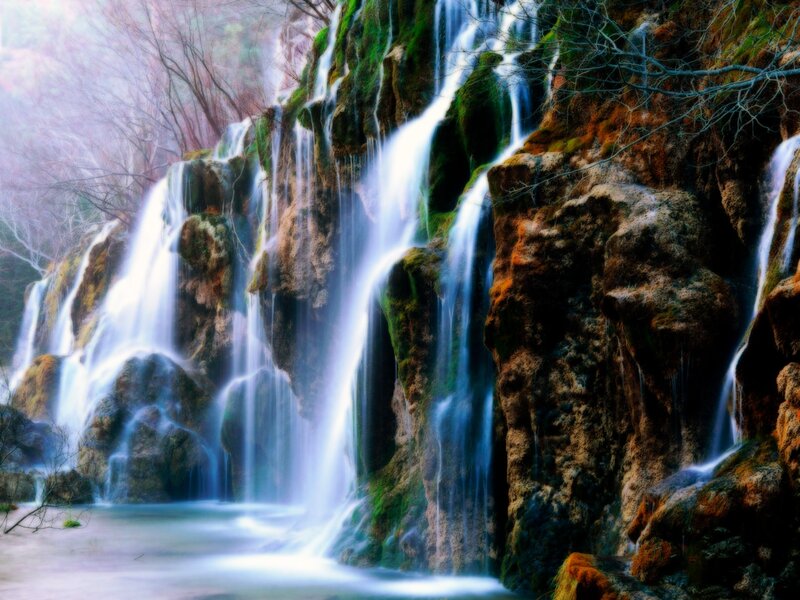 Waterfall on Mossy Rocks — Green, Serene, Photograph, Trees
