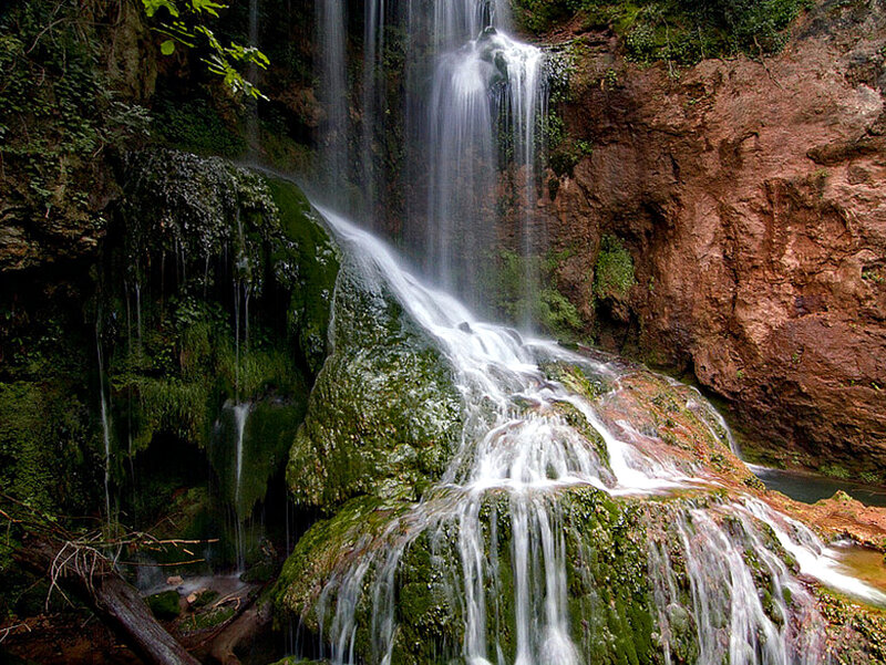 Waterfall on Mossy Rocks — Green, Serene, Spring, Photograph, Moss