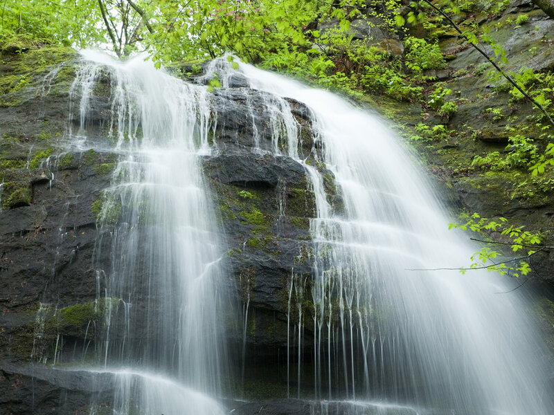 Waterfall on Mossy Rocks — Green, Serene, Spring, Photograph