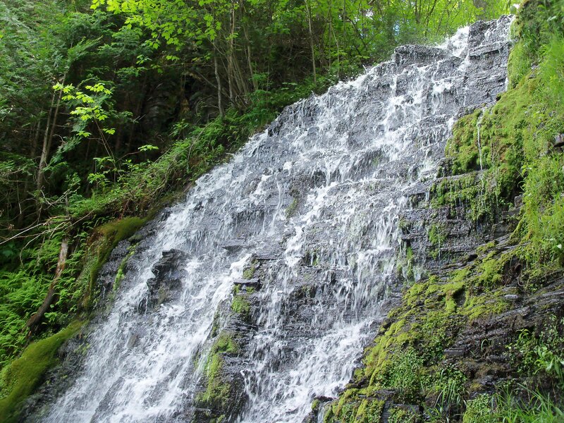 Waterfall on Mossy Rocks — Green, Serene, Summer