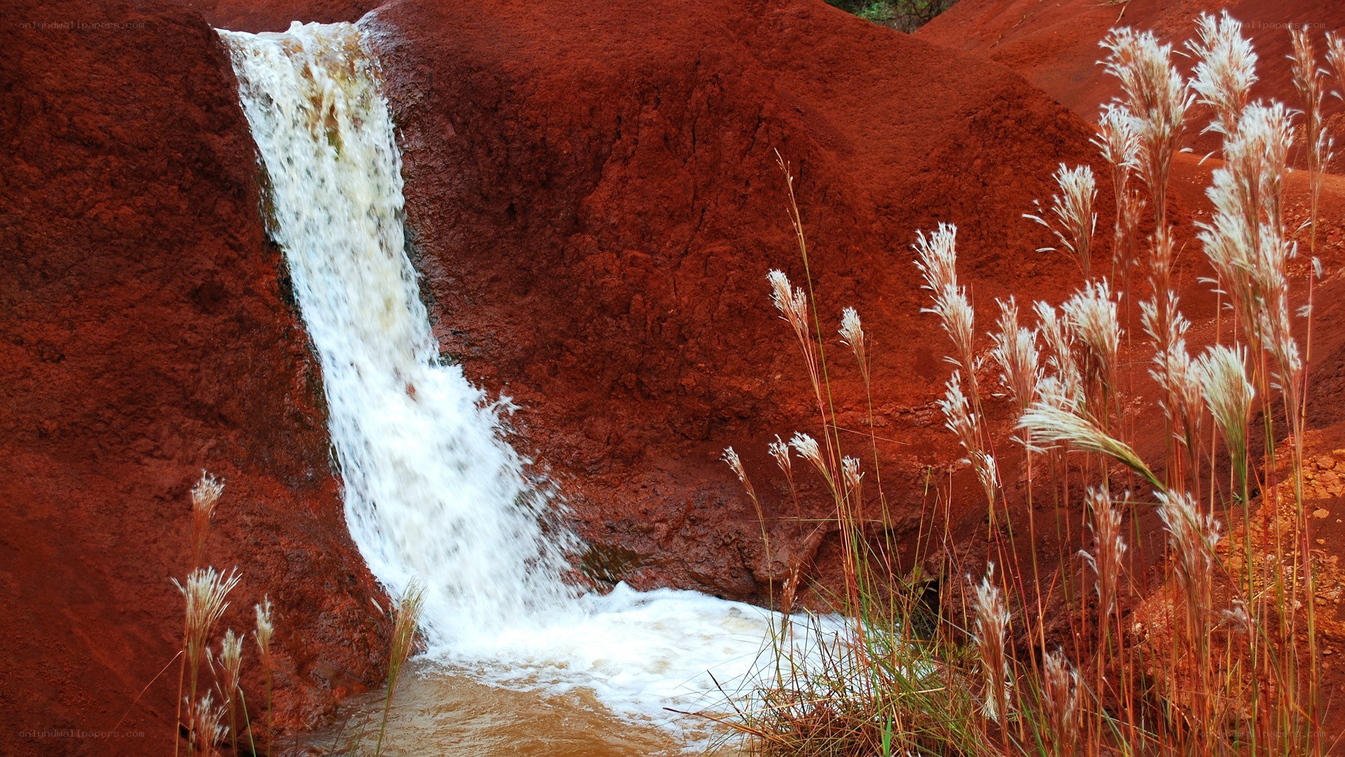 Waterfall on red clay bank