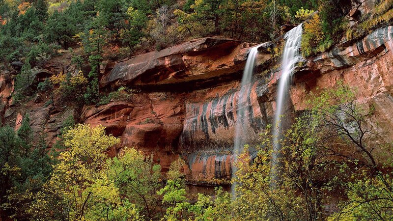 Waterfall on Red Rock — Serene, Autumn, Photograph