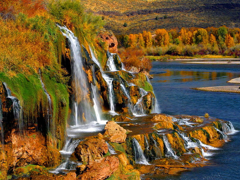 Waterfall on Riverbank — Green, Serene, Autumn