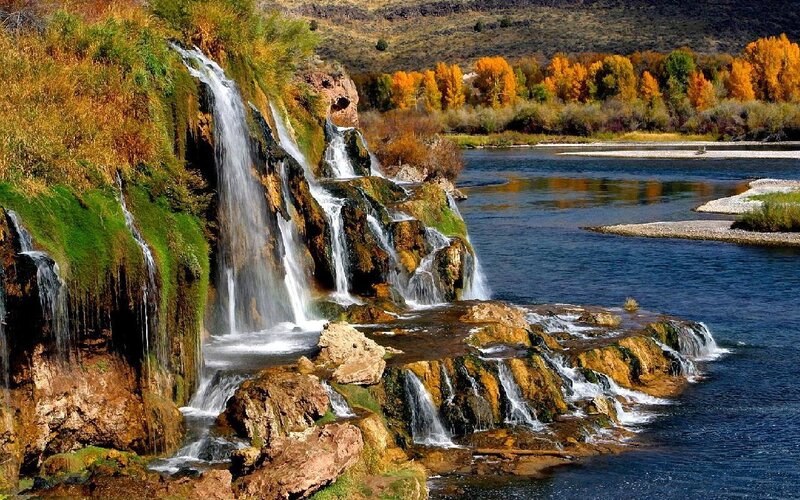 Waterfall on Riverbank — Green, Serene