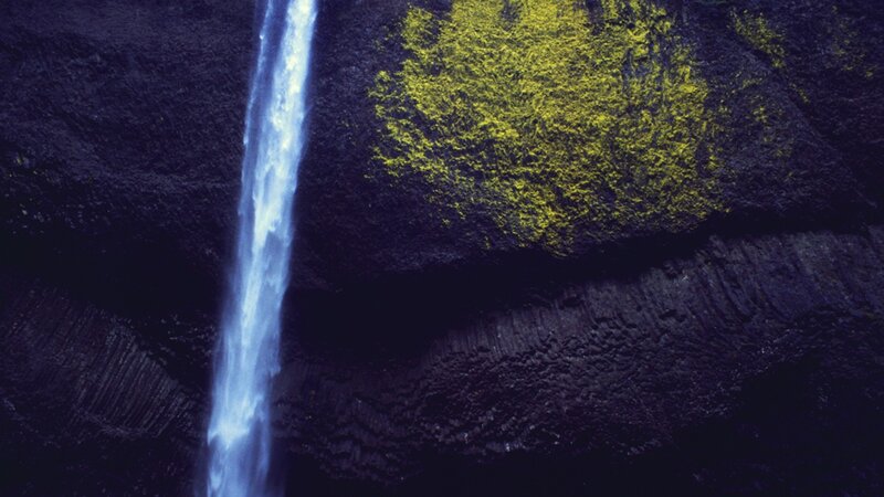 Waterfall on Rock Face — Blue, Dramatic, Photograph